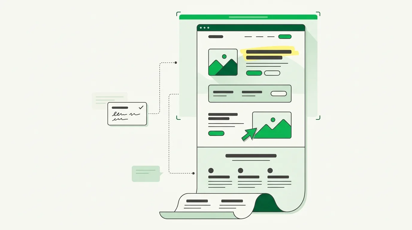 Illustration of a tall browser window whose page continues past the frame and curls at the bottom like a receipt, with a yellow highlighter swipe across one heading, a green arrow pointing at an image block, and two note cards in the left margin joined to the page by dotted lines